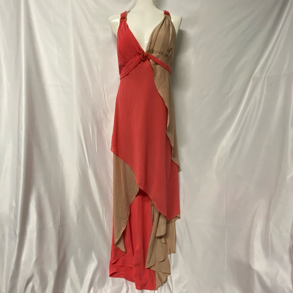 Fashion Star Dress Maxi  Tumbleweed Tan and Salmon Size 18 Hi Lo
